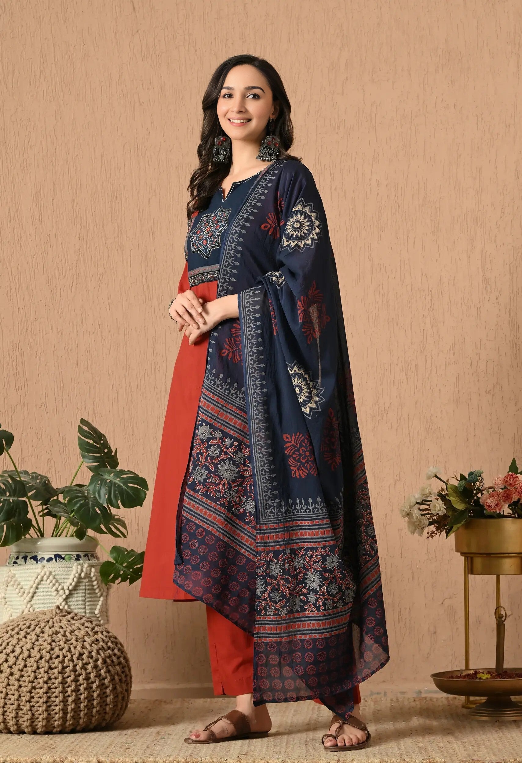 Rust Orange & Navy Blue Printed Kurta Set with Dupatta – Elegant Cotton Blend Suit for Women