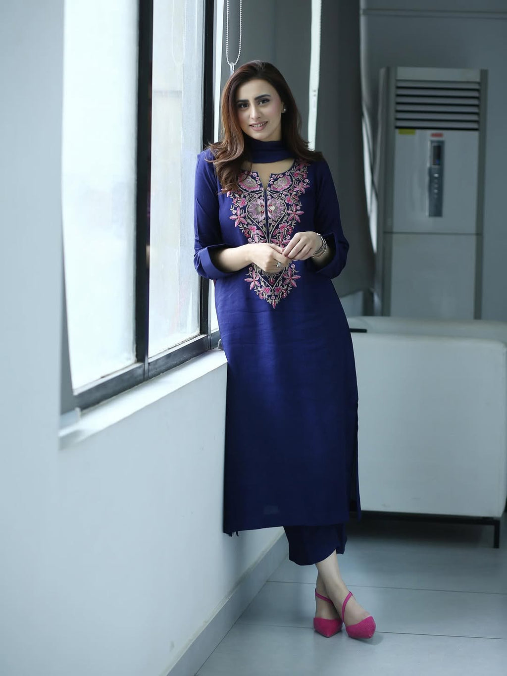 Navy Blue Kurta Set with Pink Floral Embroidery