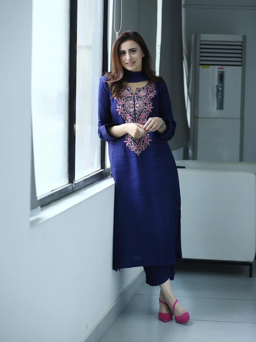 Navy Blue Kurta Set with Pink Floral Embroidery