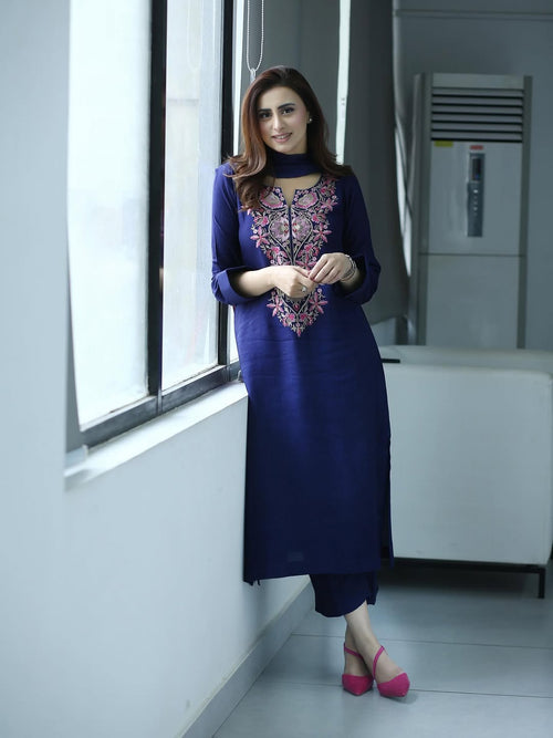 Navy Blue Kurta Set with Pink Floral Embroidery
