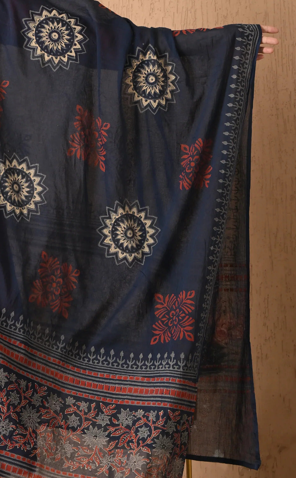 Rust Orange & Navy Blue Printed Kurta Set with Dupatta – Elegant Cotton Blend Suit for Women
