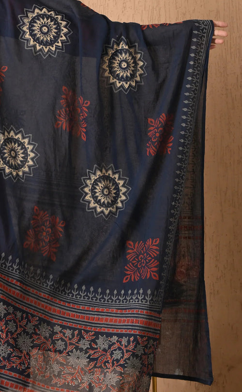 Rust Orange & Navy Blue Printed Kurta Set with Dupatta – Elegant Cotton Blend Suit for Women
