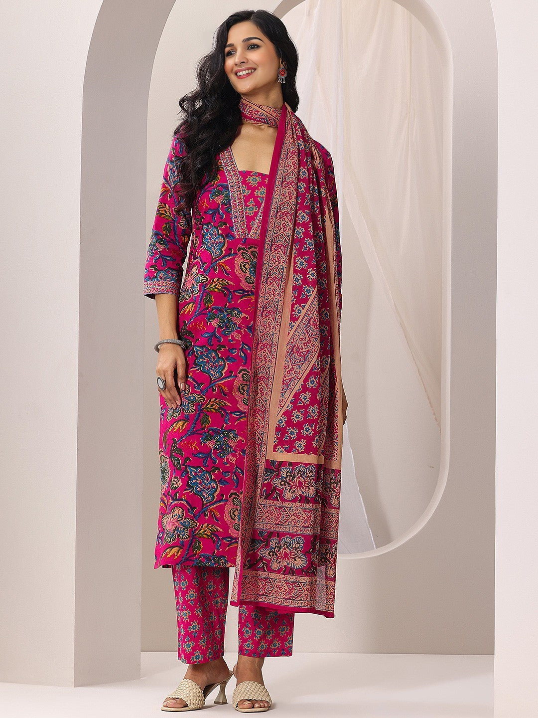 Vibrant Pink Floral Printed Kurta Set with Dupatta for Women