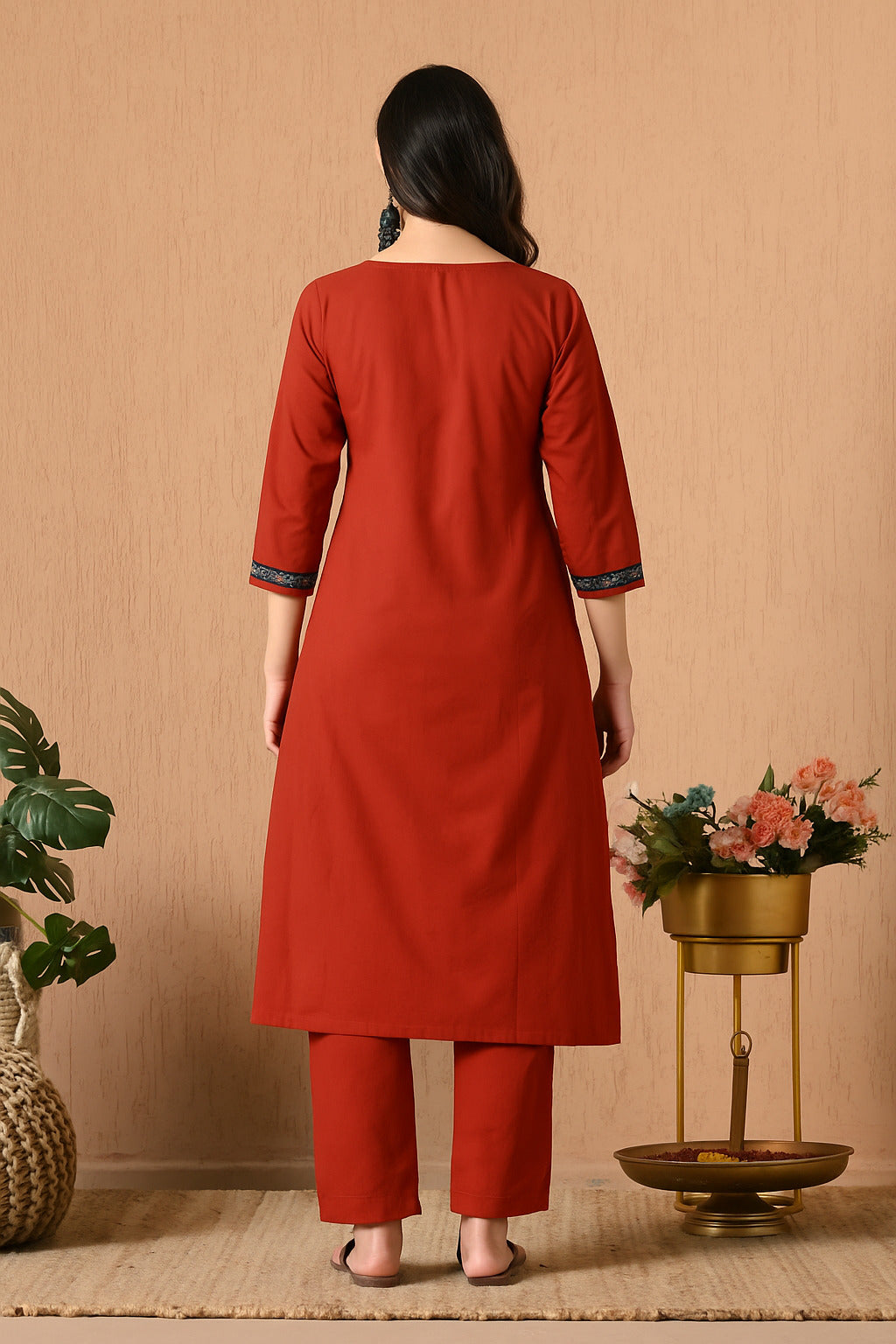 Rust Orange & Navy Blue Printed Kurta Set with Dupatta – Elegant Cotton Blend Suit for Women