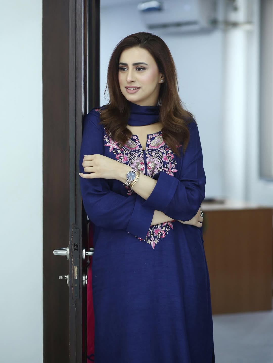 Navy Blue Kurta Set with Pink Floral Embroidery