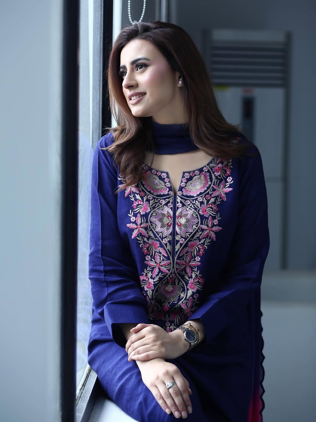Navy Blue Kurta Set with Pink Floral Embroidery