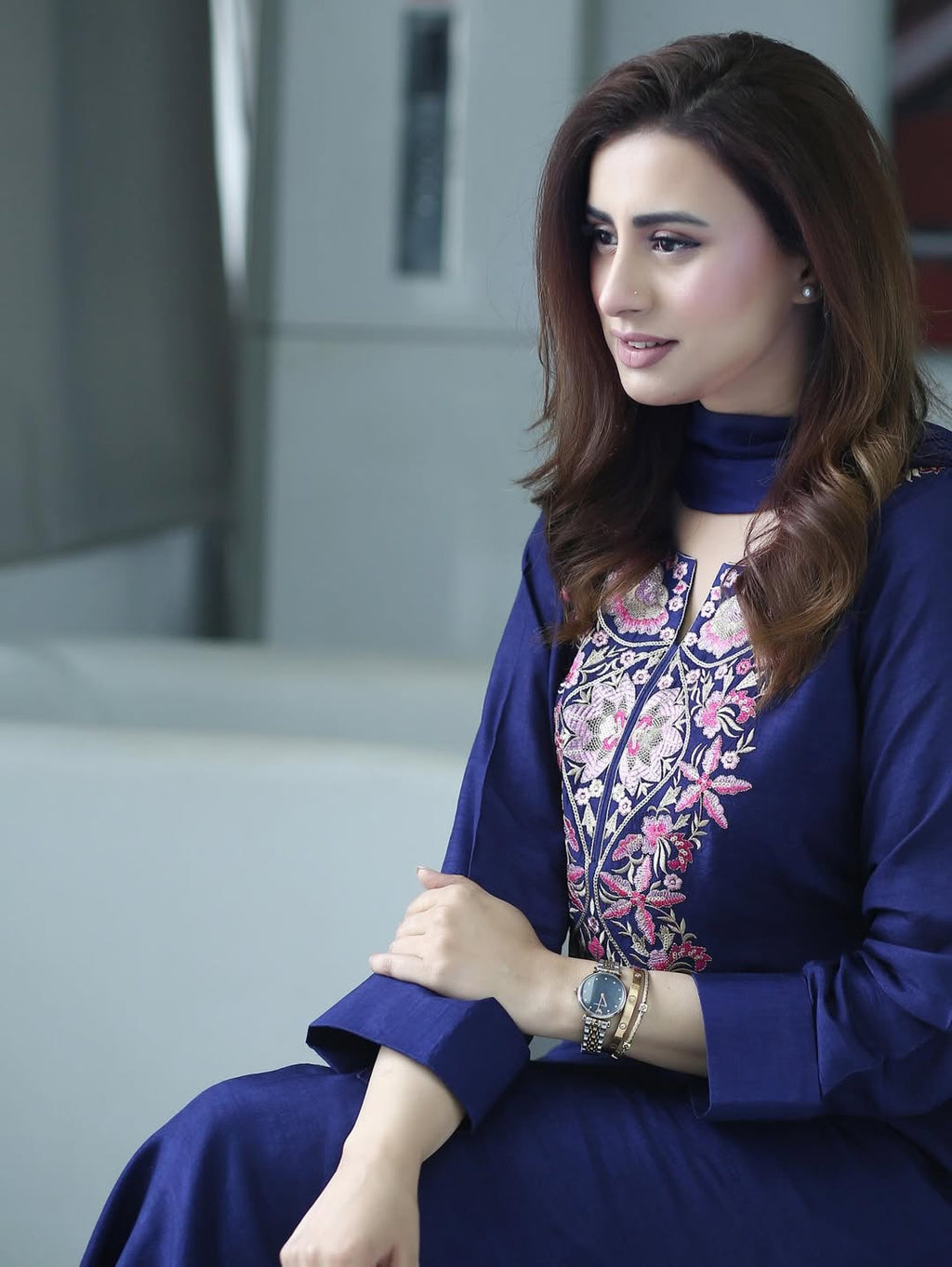 Navy Blue Kurta Set with Pink Floral Embroidery