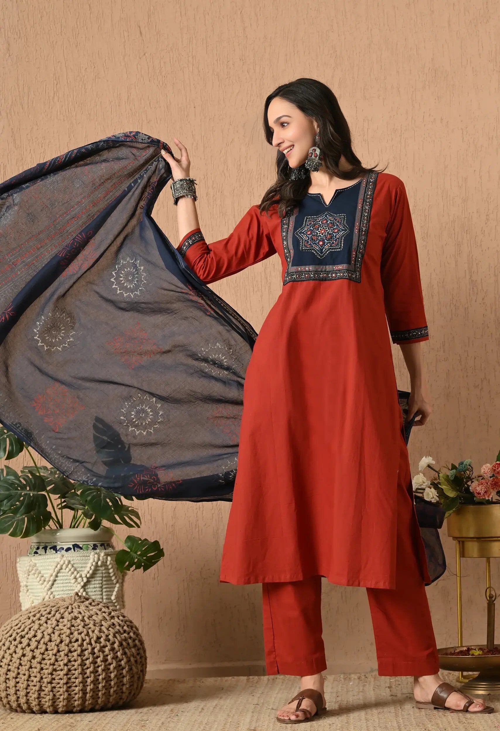 Rust Orange & Navy Blue Printed Kurta Set with Dupatta – Elegant Cotton Blend Suit for Women