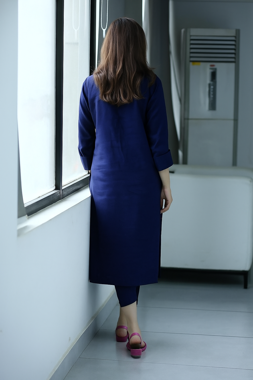 Navy Blue Kurta Set with Pink Floral Embroidery