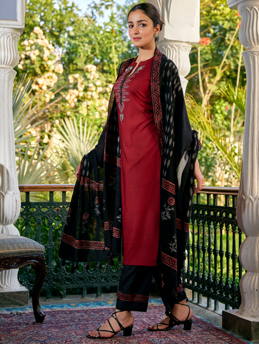Elegant Maroon Embroidered Kurta Set with Printed Black Dupatta